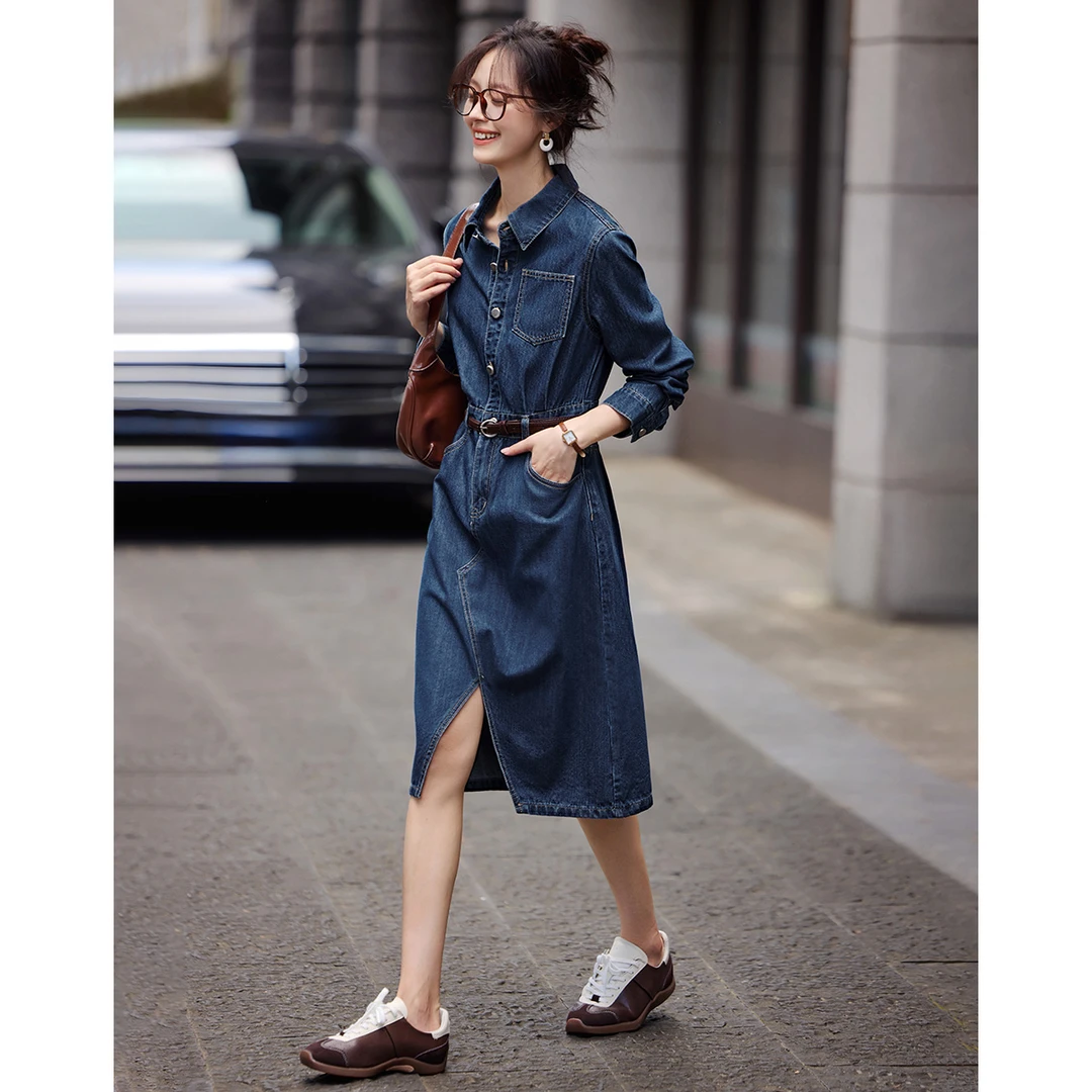 沫晗依美【品位】2025秋新款复古设计感开叉休闲百搭牛仔连衣裙5557