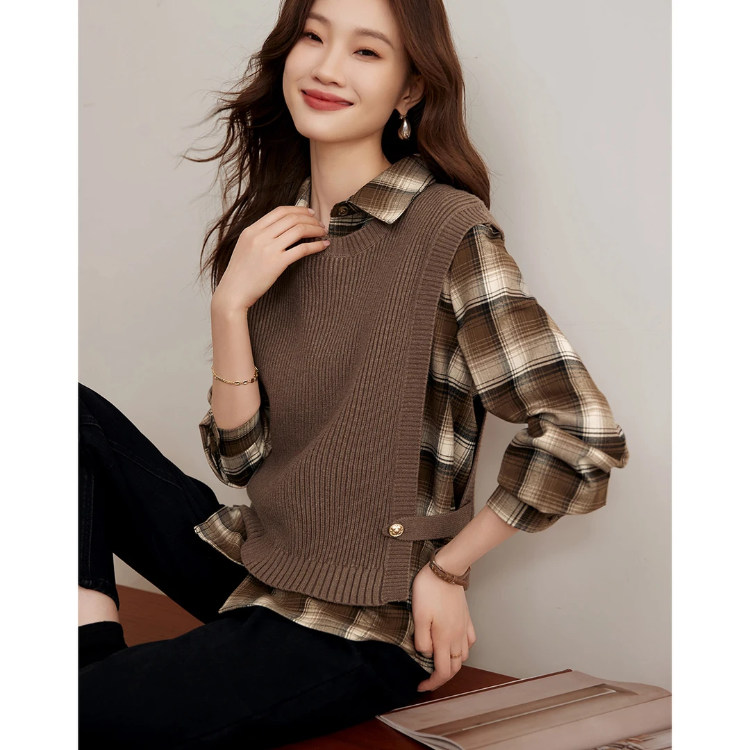 沫晗依美冬季新款休闲百搭毛织马夹简约气质格纹衬衫背心套装4551