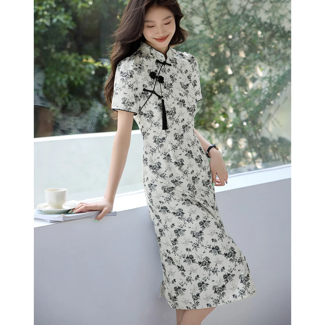 沫晗依美2025改良印花旗袍新中式气质连衣裙女M4XL5A045 3392