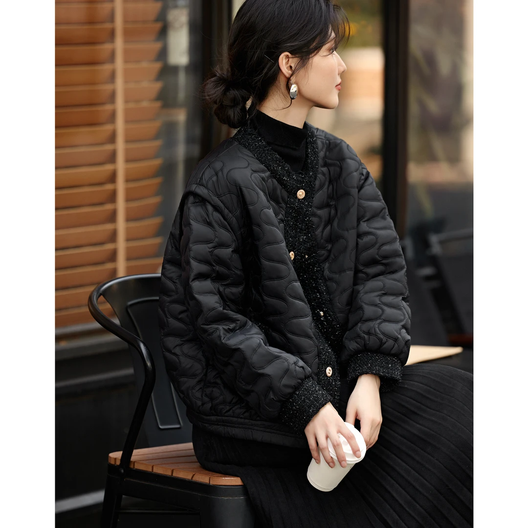 XWI/欣未2025秋季新款小香风拼接棉服女装拼接波浪绗缝短款女4276