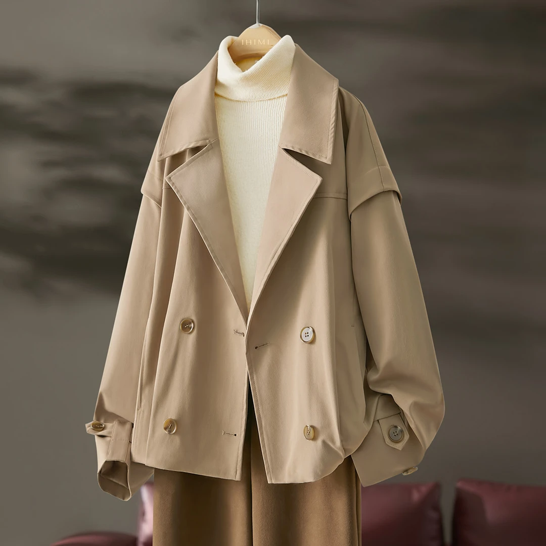 IHIMI/海谧防风极简短款外套2025秋女简约休闲宽松风衣2104