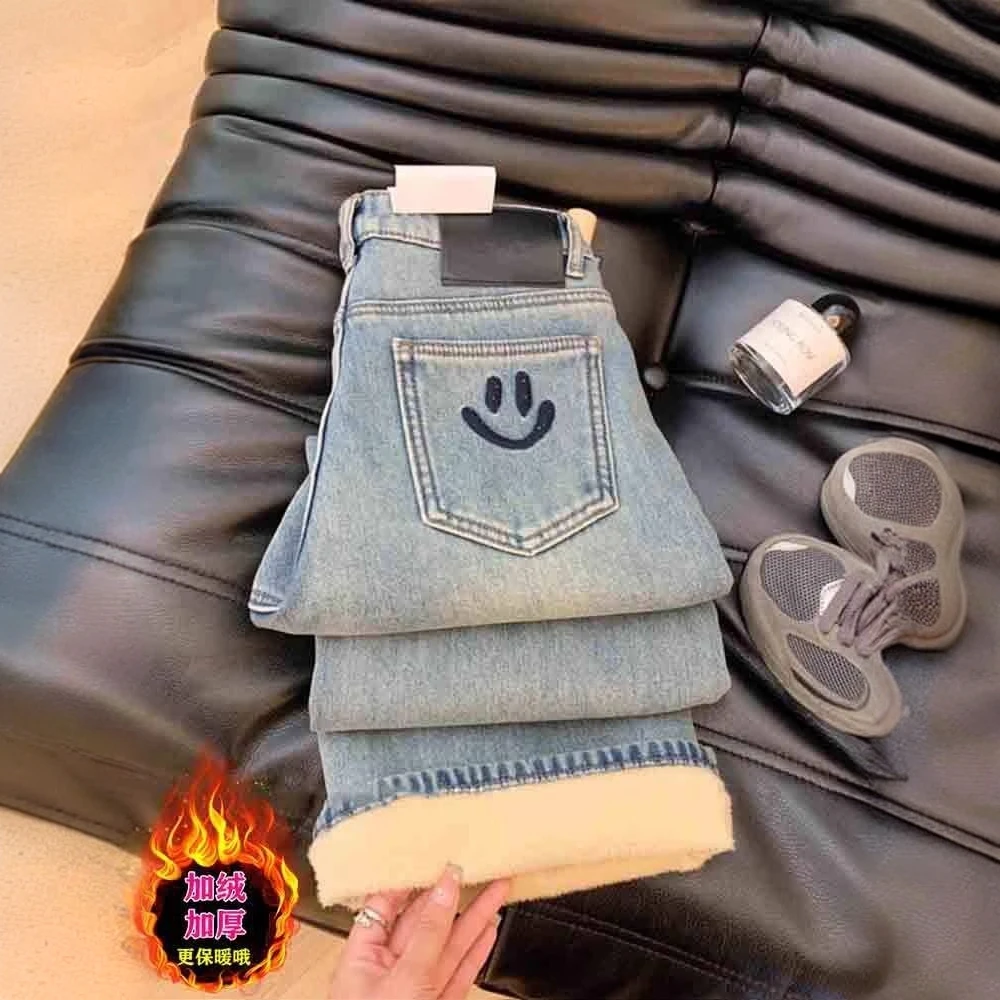 加绒加厚高腰直筒牛仔裤女冬季新款大码胖妹妹宽松百搭显瘦阔腿裤