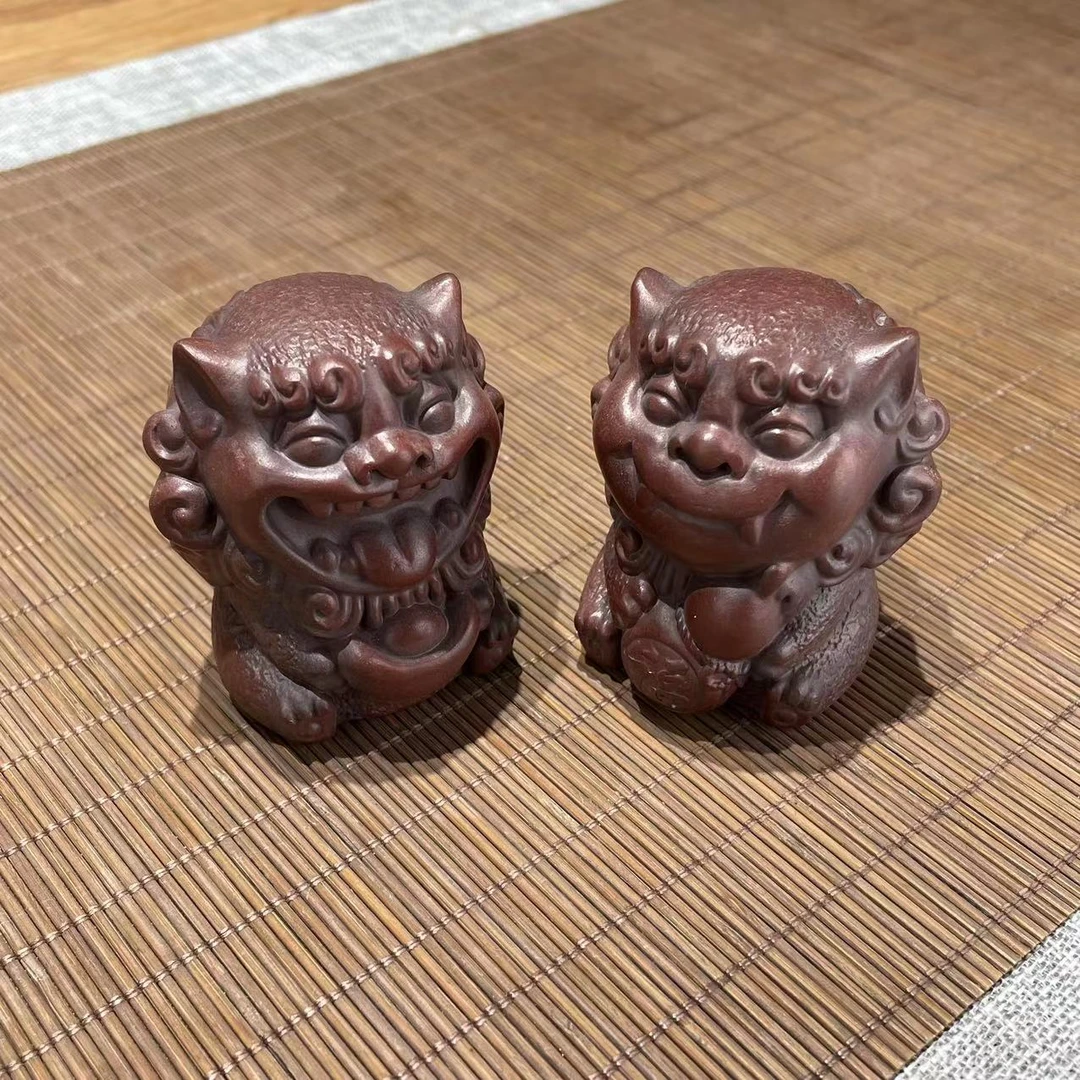 欢喜狮一对 柴烧茶宠摆件雕塑305