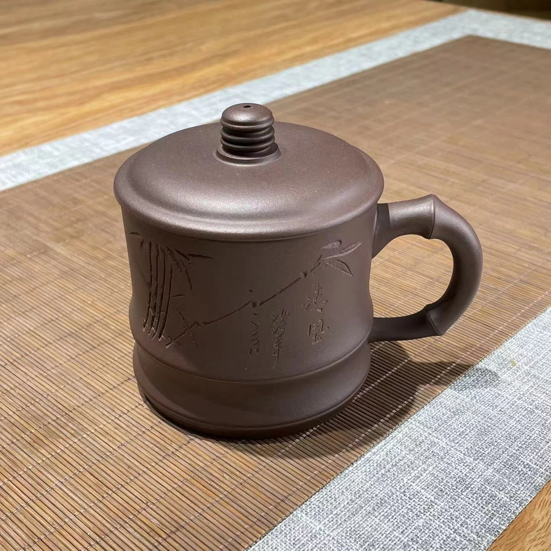 清风竹节盖杯 刻绘竹叶紫泥400cc冯超制172