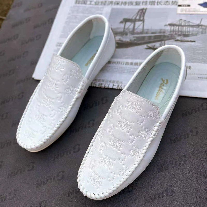 高端软皮白色豆豆鞋头层牛皮时尚潮流青年男鞋透气休闲皮鞋驾车鞋