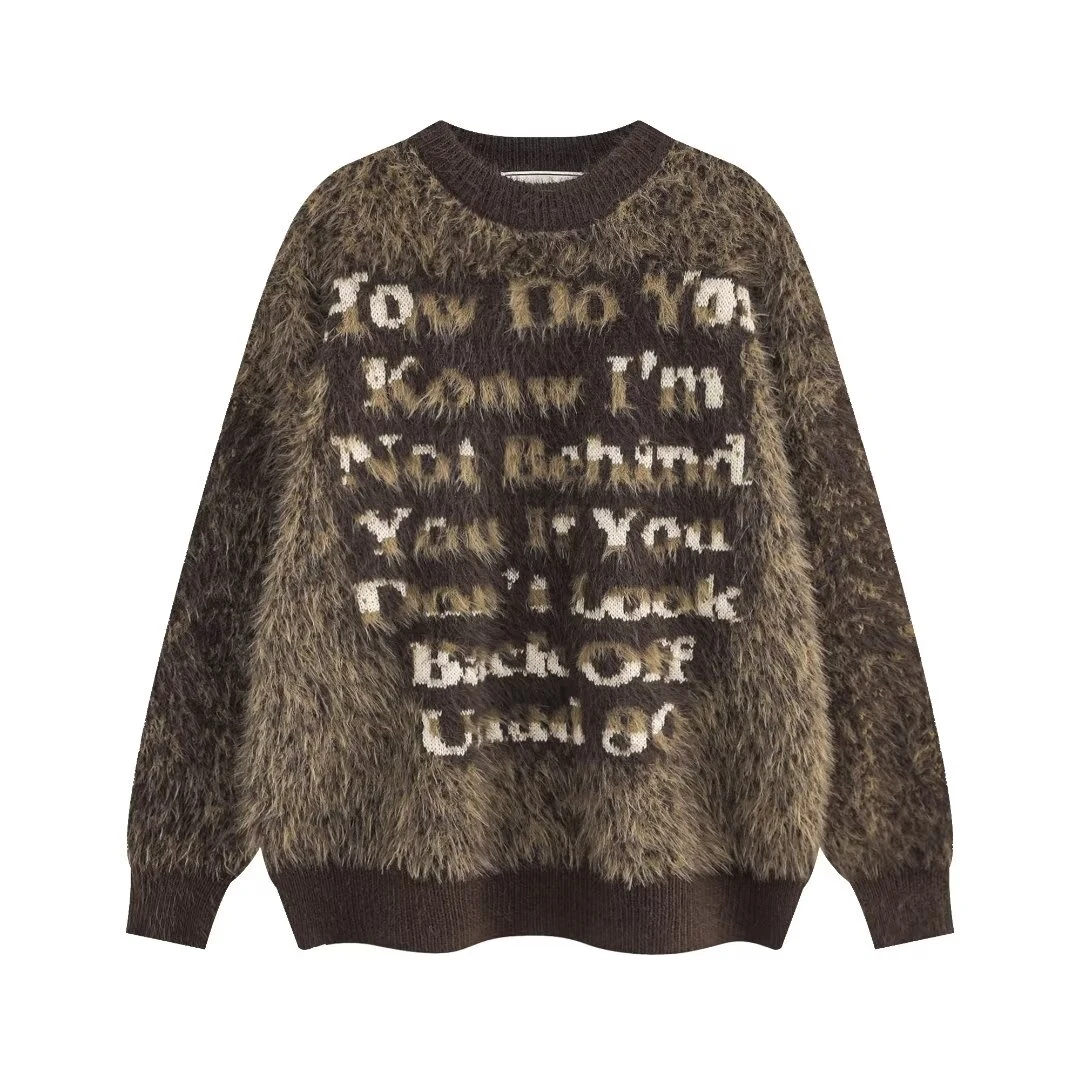 YY10 长绒毛宽松针织衫慵懒字母套头毛衣