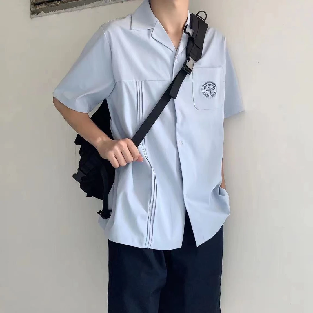 四色开襟衬衫JKDK泰国校服男女日系情侣装夏季衬衣纯色设计感休闲