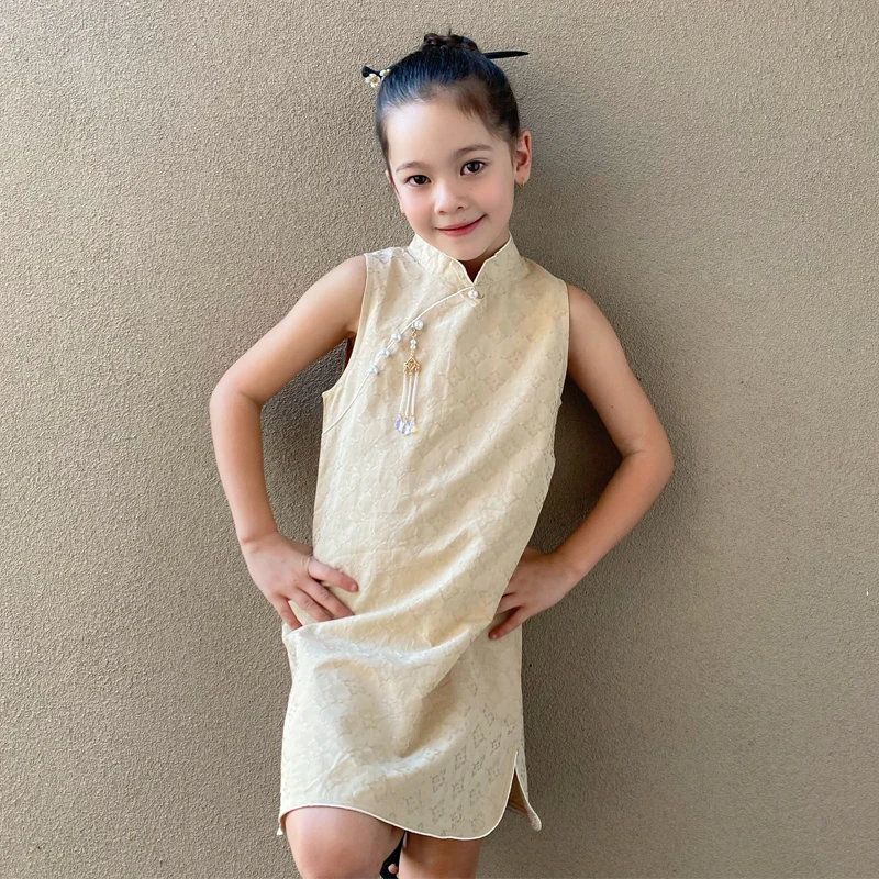 淘淘家童装女童无袖新中式旗袍气质棉细闪刺绣儿童旗袍国风定制款