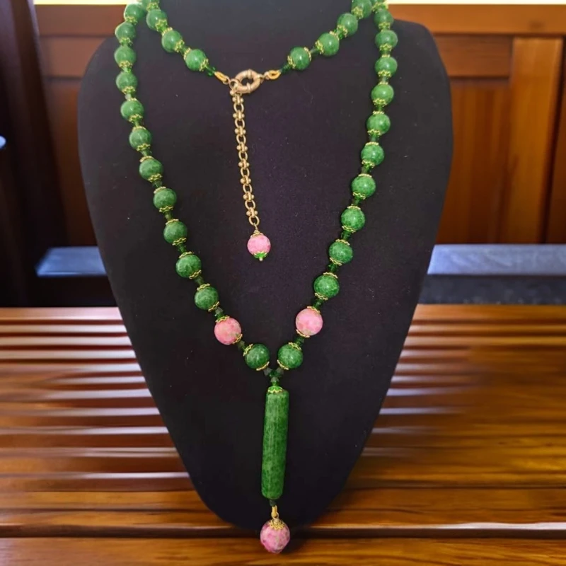 国风老琉璃绿粉蛙皮如意柱中长项链油润包浆气质时尚百搭民族风