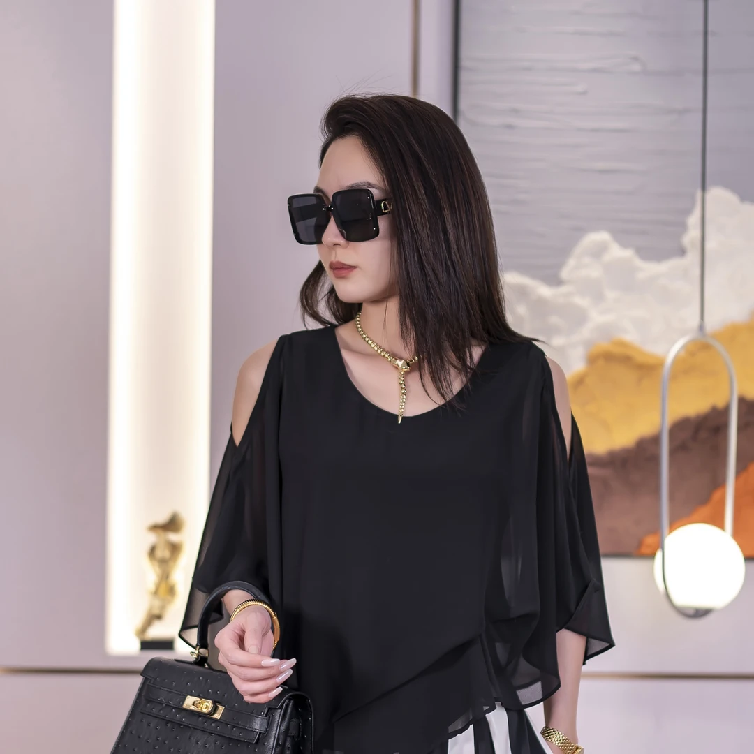 繁浮时髦小众不规则设计感露肩衬衫上衣DJ-6363