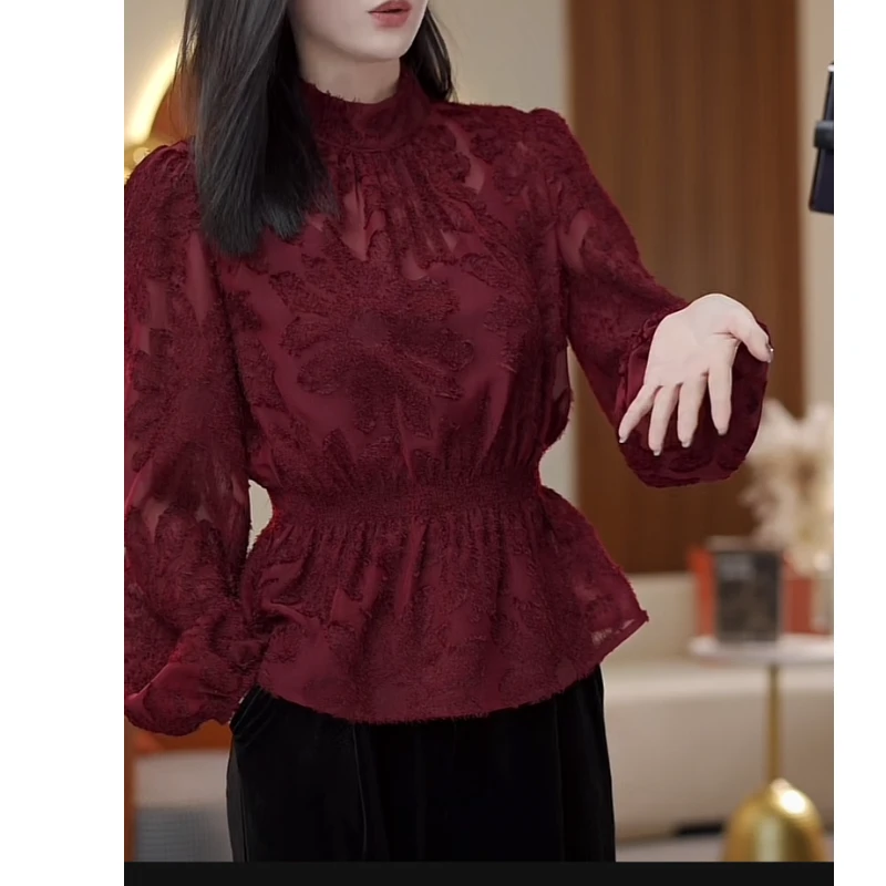 【绯色晚奔】繁浮2024春季新款蕾丝褶皱泡泡袖收腰显瘦衬衫MM-66906
