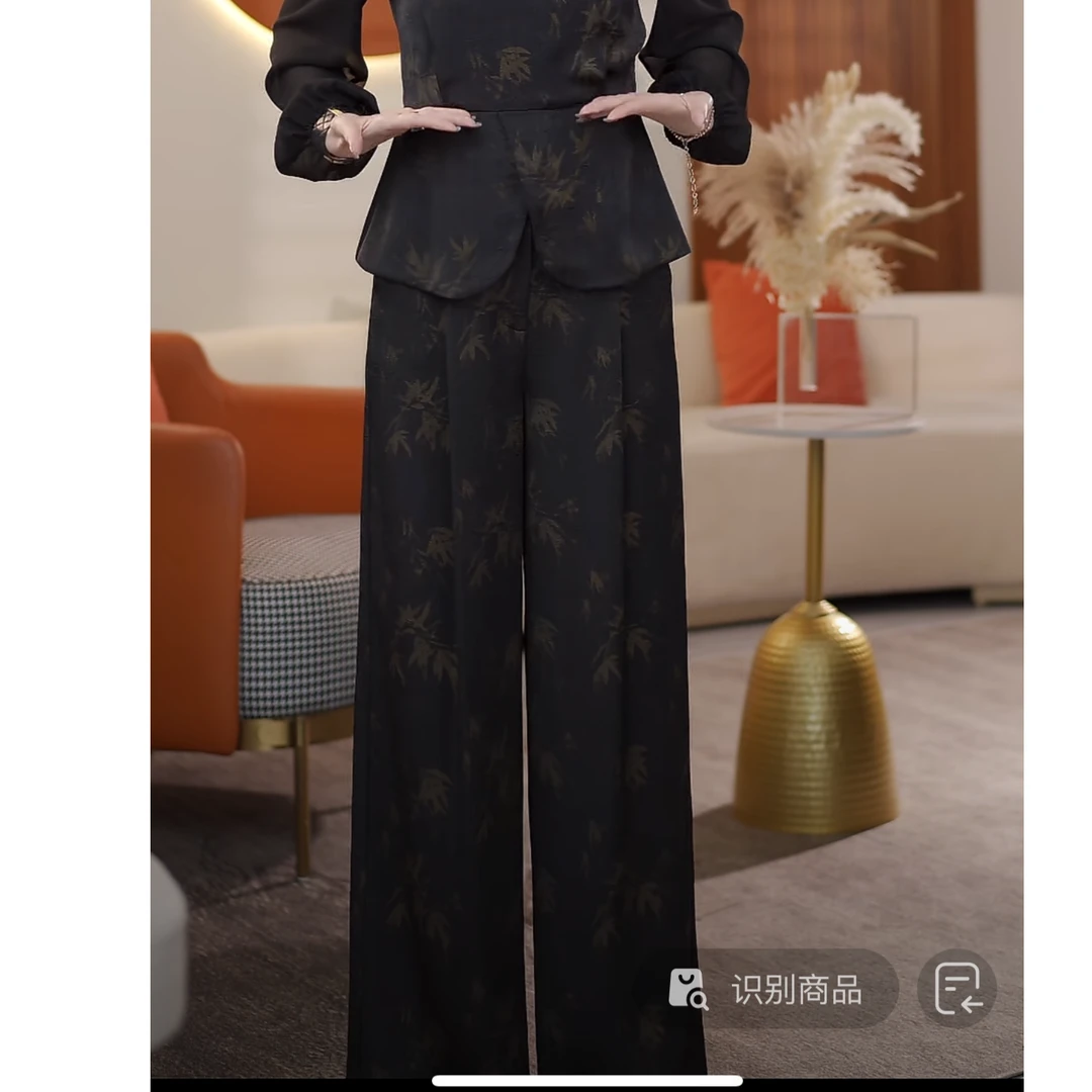 慕兰繁浮夏季新款时尚国风气质中式三粒扣竹节印花阔腿裤MM-69222