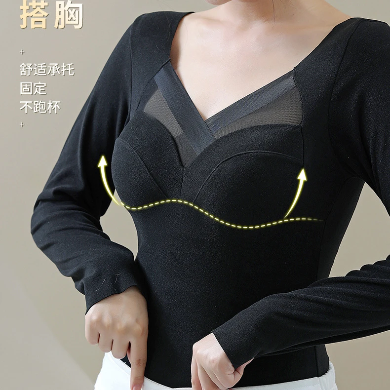 冬德绒保暖长袖衣一体式固定杯胸垫内搭打底可外穿免穿文胸保暖衣