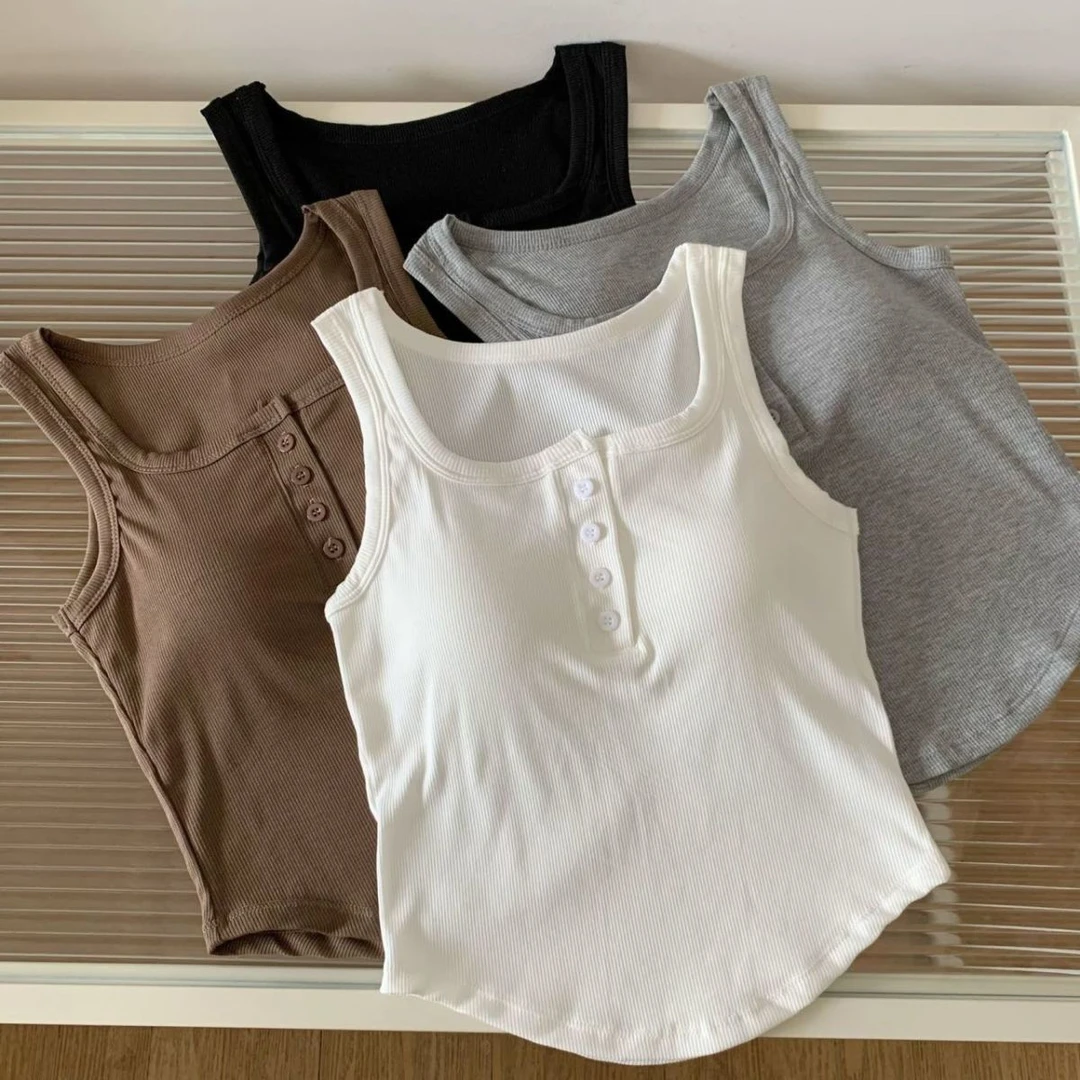 韩版辣妹白色文胸一体纽扣百搭性感女带胸垫内搭外穿设计感小众J