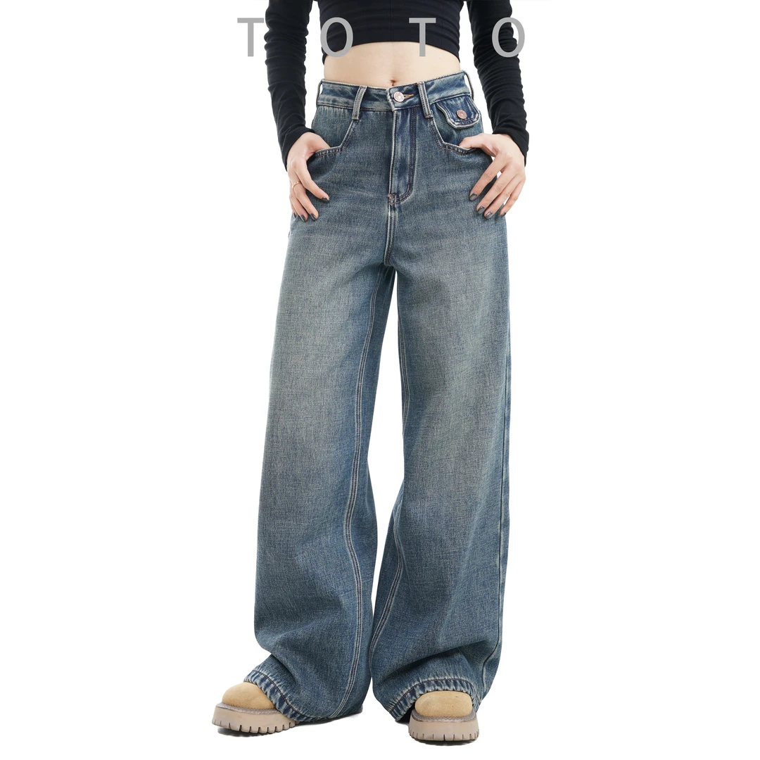 TO【FAE58009-2DA】冬季加绒新款水洗中高腰显瘦休闲弯刀牛仔裤