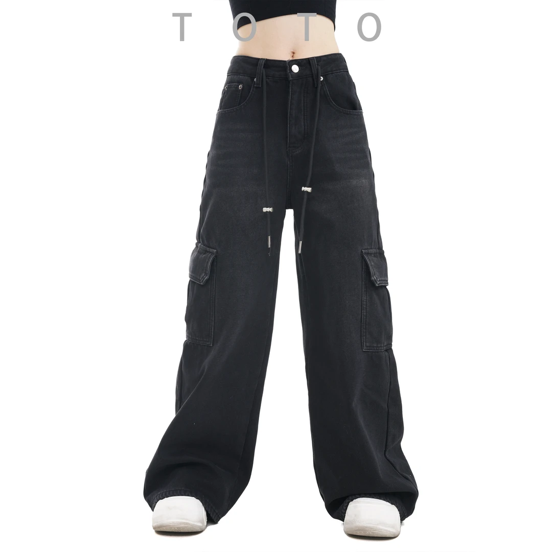 TO【7A216】黑色工装加绒牛仔裤秋冬高腰阔腿裤设计感直筒宽松裤子