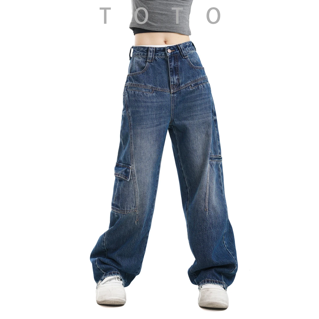 TO【FAE58010-2DA】秋冬潮牌设计感显瘦中高腰工装牛仔弯刀裤