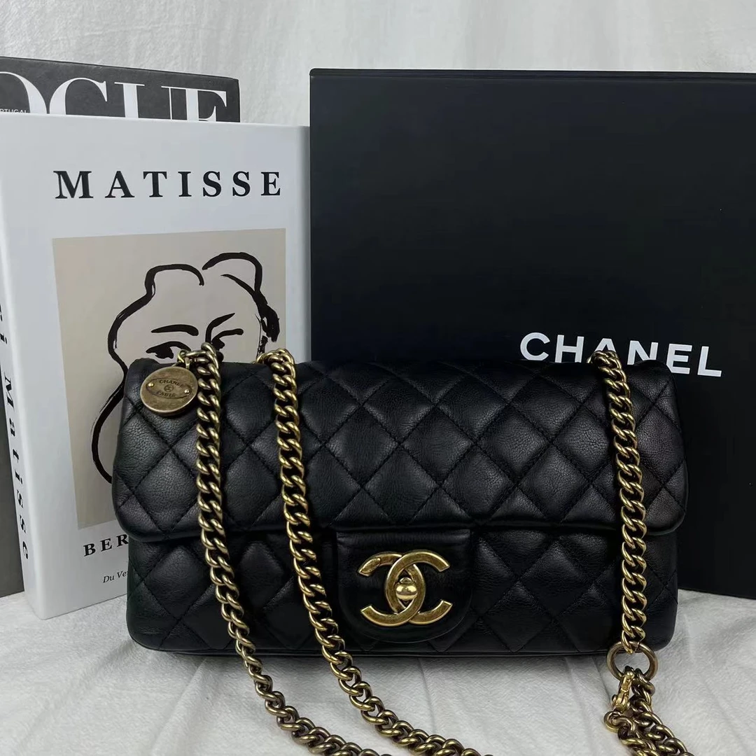 99新 Chanel/香奈儿 黑金古铜色金币口盖包