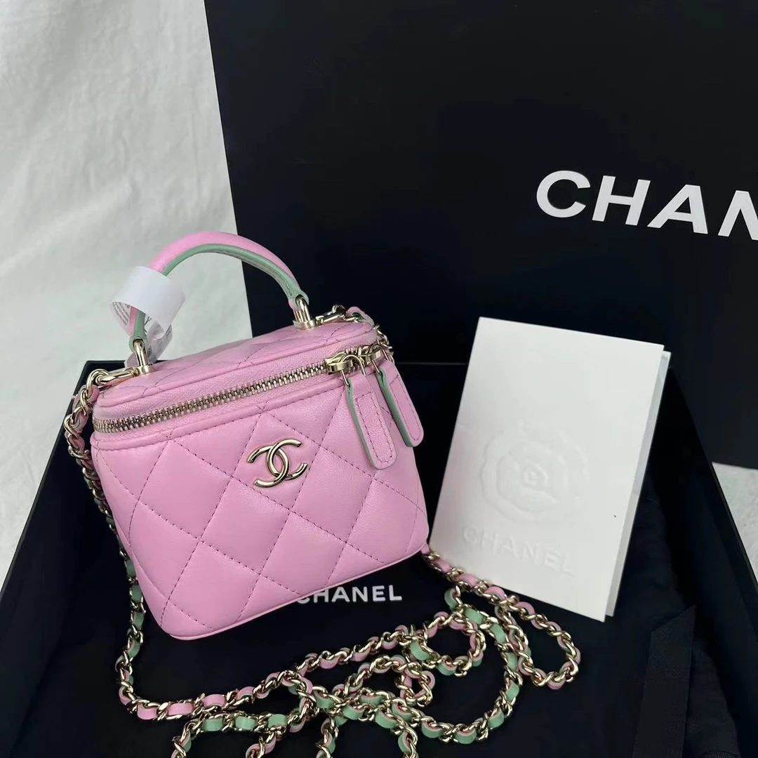 99新 Chanel/香奈儿 23p拼色手柄小盒子/芯片款/粉拼薄荷绿