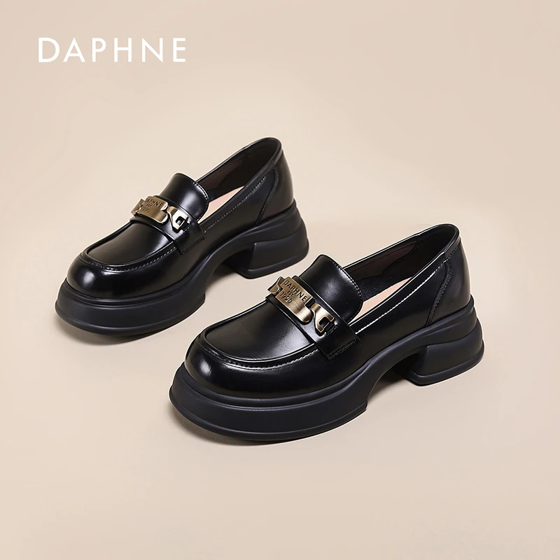 达芙妮厚底乐福鞋女2025秋季新款英伦风一脚蹬真皮松糕圆头小皮鞋