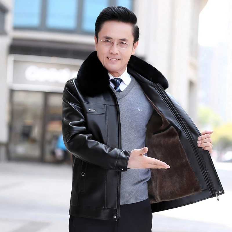 男士皮夹克中老年爸爸装秋冬上衣外套带毛领休闲翻领爸爸衣服皮衣
