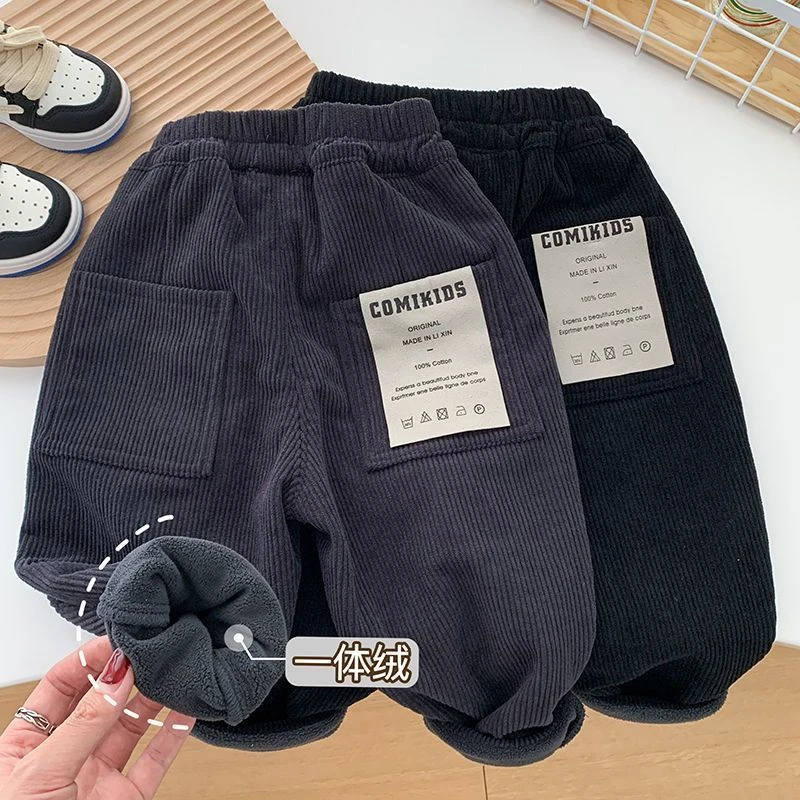 男童冬季新款一体绒男童裤子加绒灯芯绒秋冬款长裤外穿保暖休闲裤