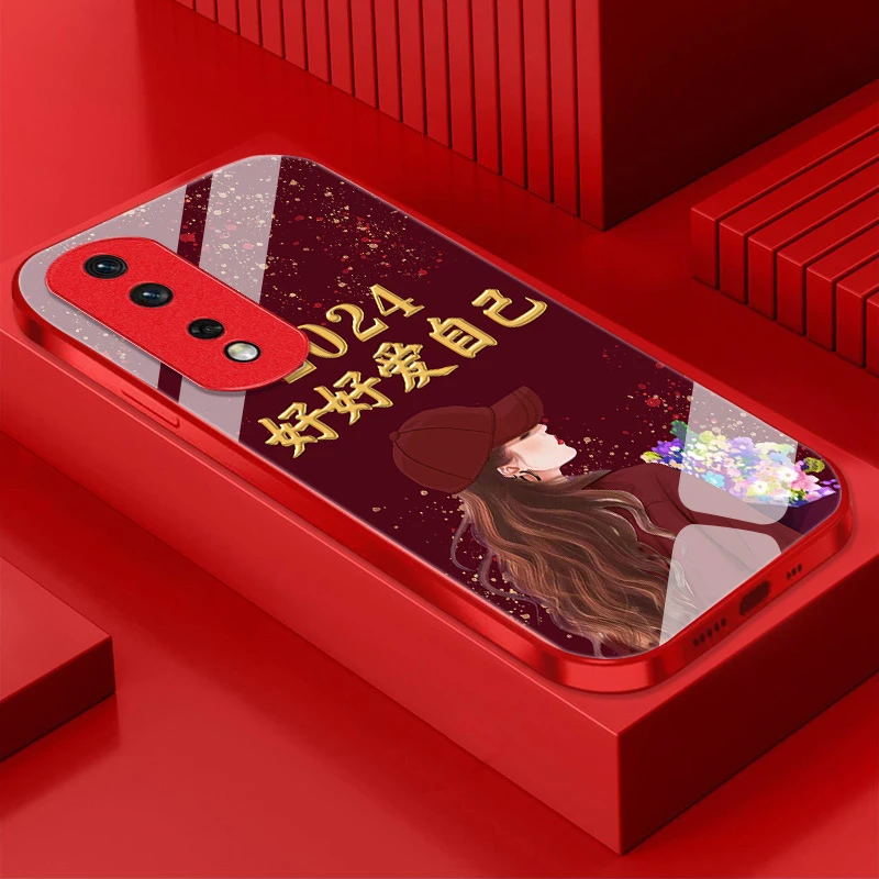 2024好好爱自己荣耀80Pro手机壳全包玻璃金属漆红色个性保护套