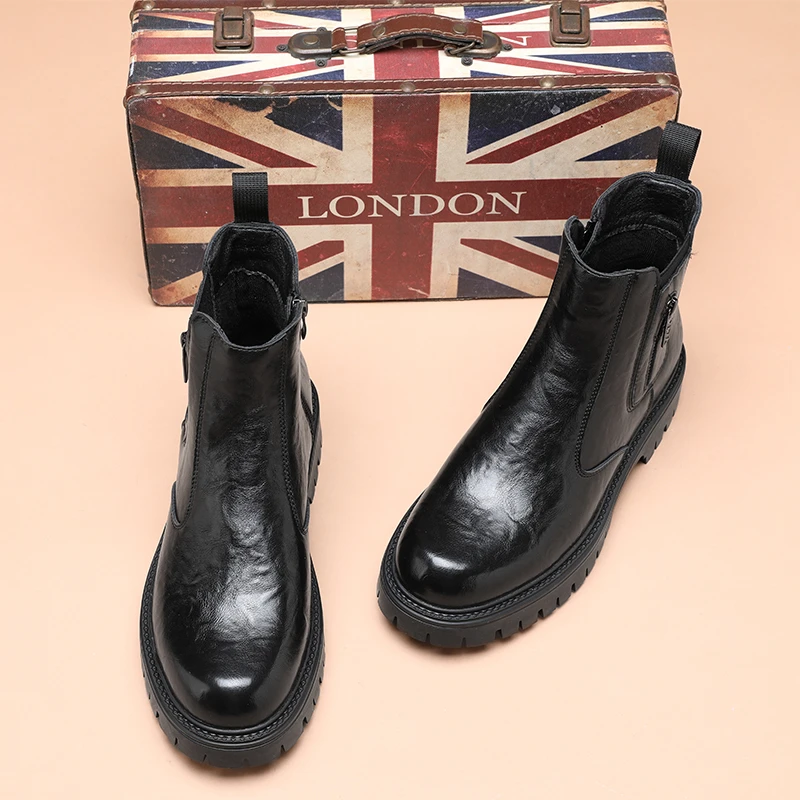 马丁靴男侧拉链高帮英伦风复古厚底增高皮鞋高级感春秋中帮皮靴子
