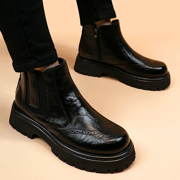 男款英伦风马丁靴冬季加绒男士中帮切尔西软皮侧拉链休闲短靴子