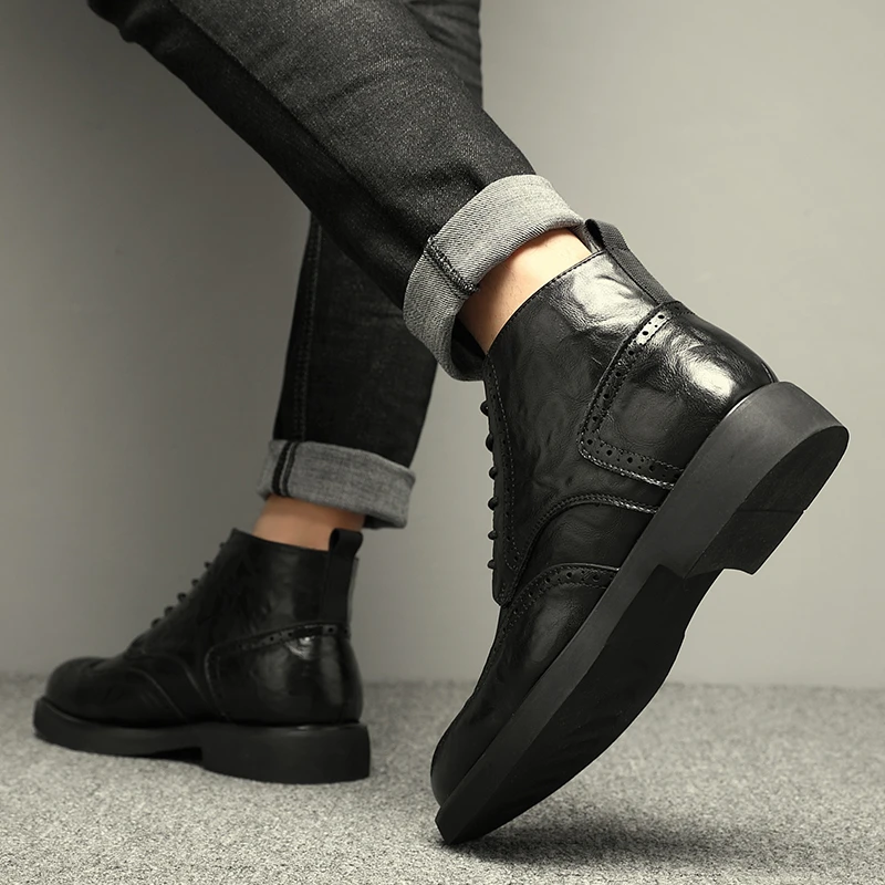 真皮复古短靴马丁靴男英伦风冬季加绒保暖正装商务休闲高帮皮鞋