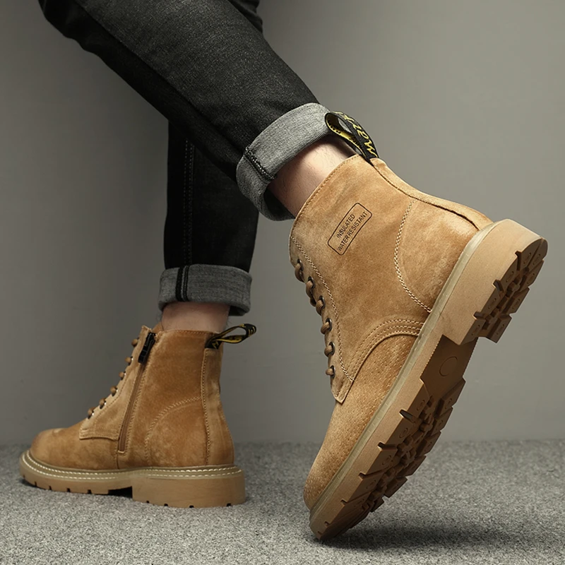 大黄靴男2025时尚新款高帮马丁靴冬季加绒户外复古工装靴子登山鞋