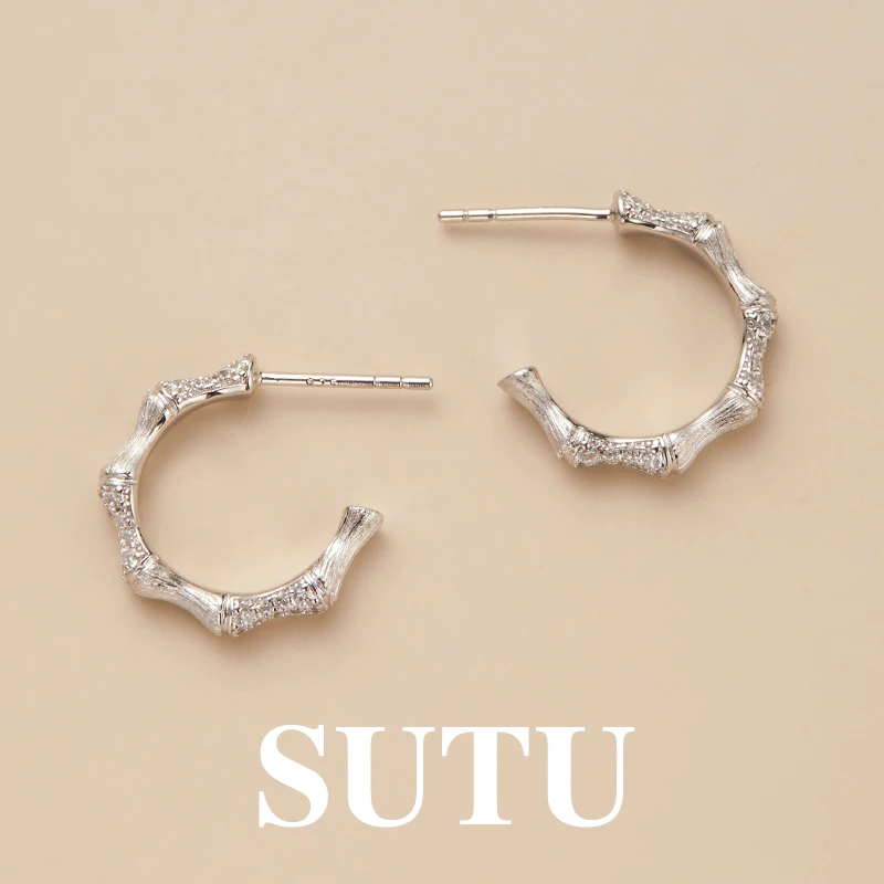 925银合成锆石耳饰 竹节耳环意大利拉丝耳钉C型清冷轻奢高级感