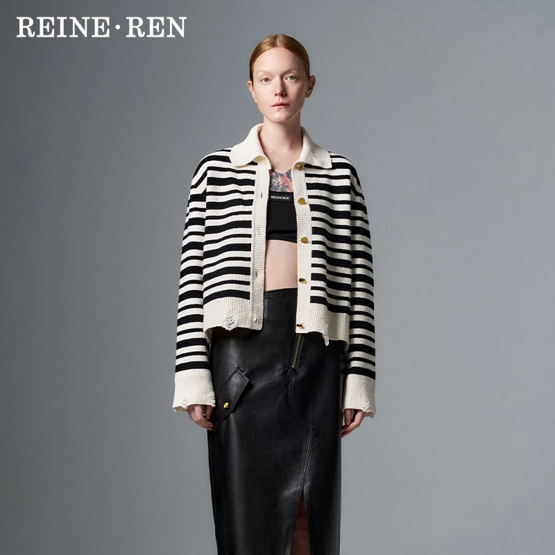 REINEREN设计师任茜春夏款黑白条纹圈圈纱箱型宽松针织开衫女