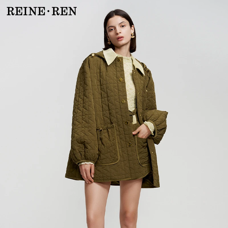 REINEREN设计师任茜秋冬新款绿色R字长版棉服