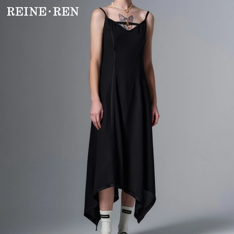 REINEREN设计师任茜2024春夏款黑色不规则下摆吊带连衣裙气质时尚