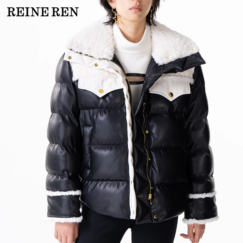 REINEREN设计师任茜秋冬新款复古灯芯绒拼接 羽绒服冬季女士
