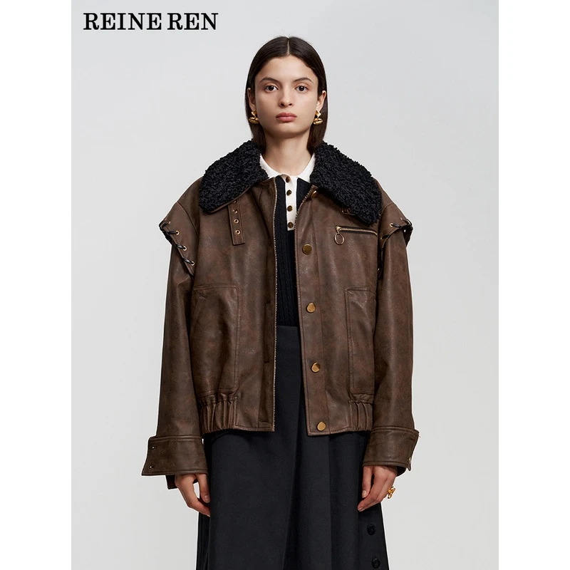 REINEREN设计师任茜秋冬复古环保皮革编织毛领外套