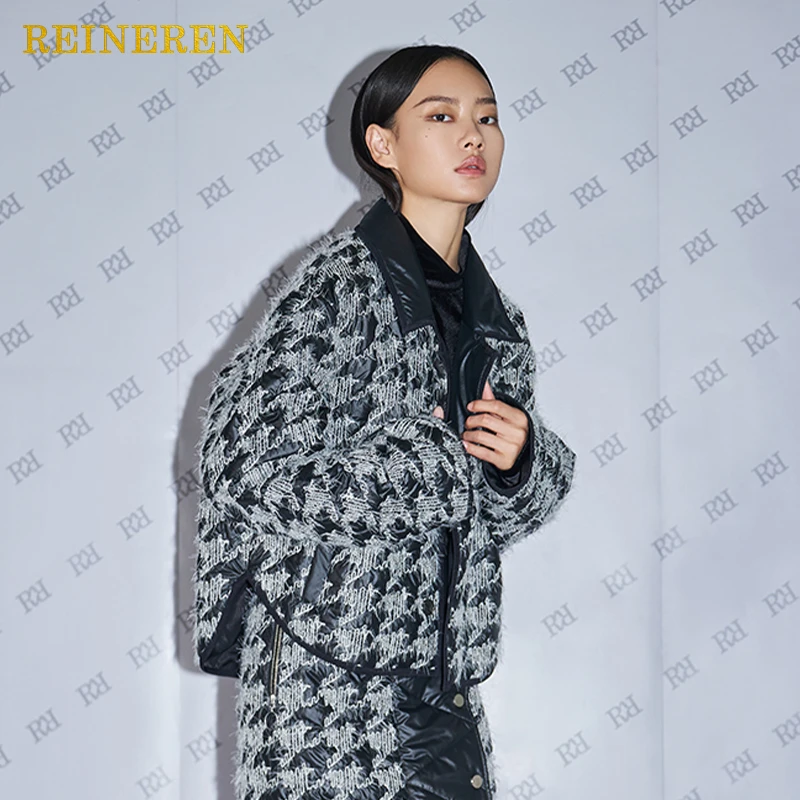 REINEREN设计师任茜秋冬高端原创立体提花千鸟格短款棉服冬季复古