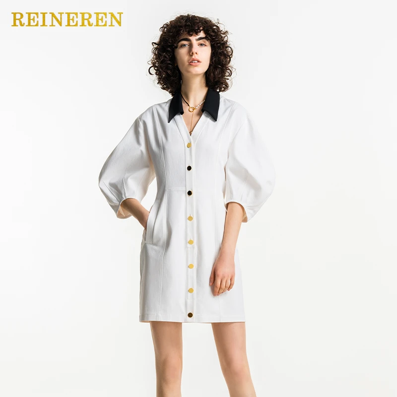 REINEREN设计师任茜春夏新款黑白撞色立体袖型连衣裙白色收腰