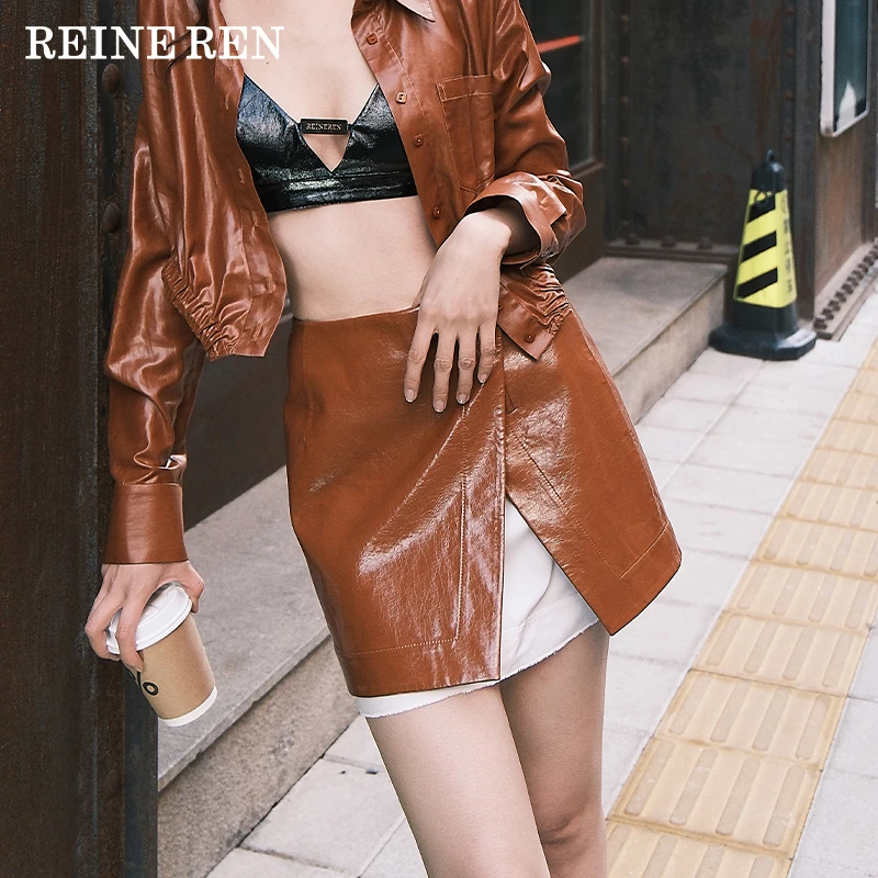 静奢老钱风REINEREN设计师任茜春夏新款人造皮革毛边短裙