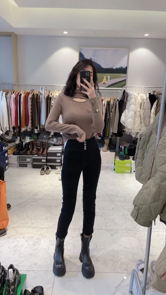 高腰黑色烟管裤加磨毛绒