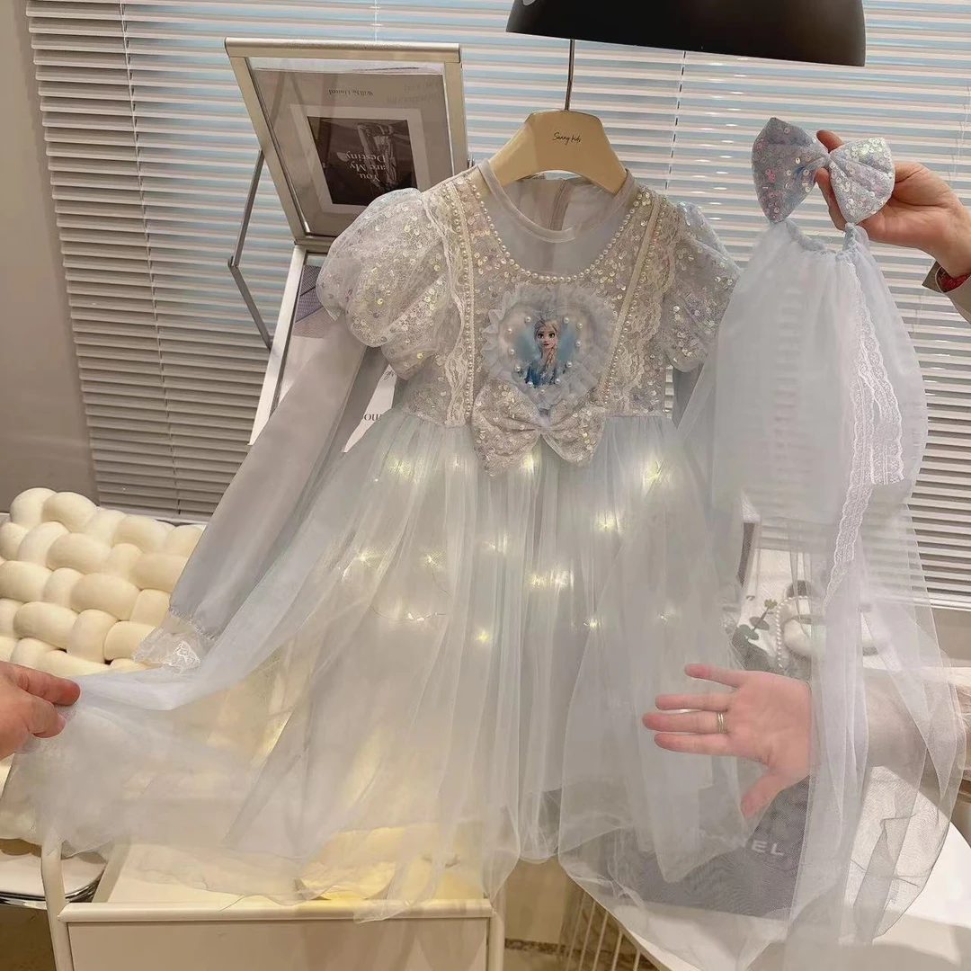 春秋新款女童连衣裙发光裙纱爱莎公主裙长袖小女孩礼服表演公主裙