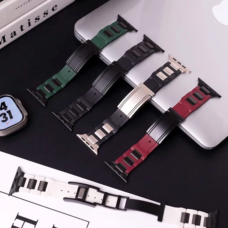 适用苹果手表带iwatchS9橡胶加不锈钢SE2金属T型小众款磁吸扣表带