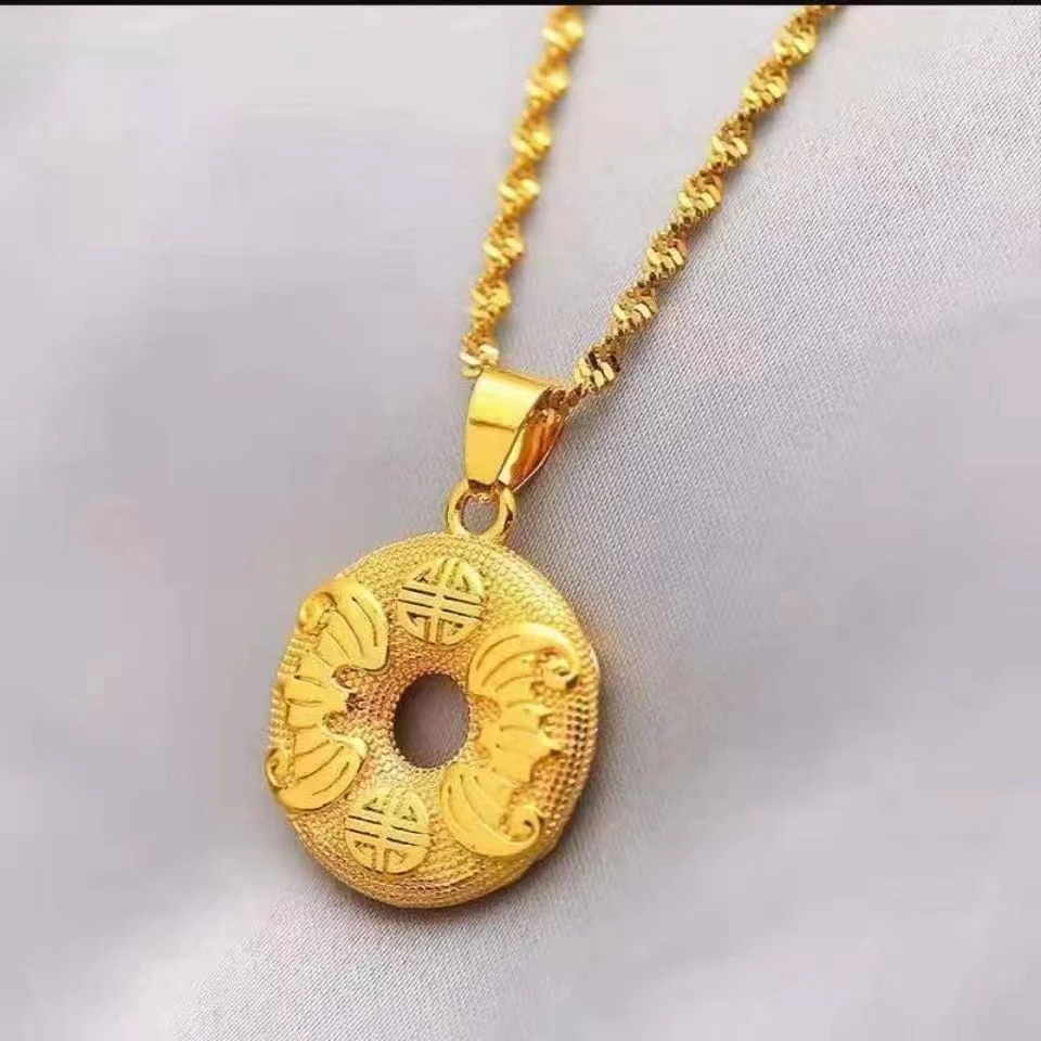 铜合金项链 （平安扣项链+水波纹链）金色吊坠气质女士古法素款精品