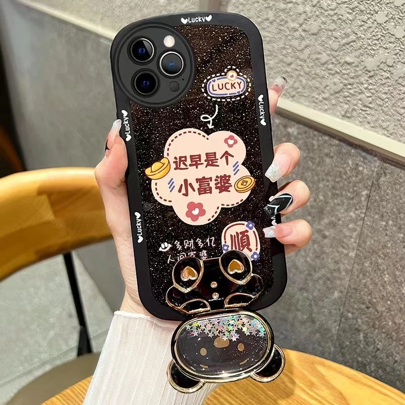 苹果/华为/vivo/oppo/小米小富婆小胖妞手机壳流沙镜子支架防摔