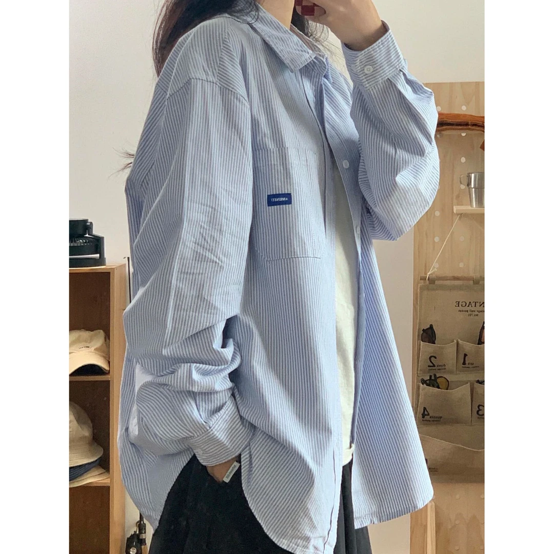 韩系小个子纯棉蓝色条纹衬衫女夏季2024新款宽松休闲长袖衬衣百搭