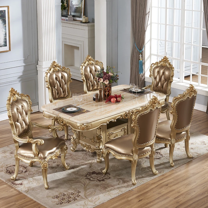 高端欧式大理石桌椅组合家用雕花长方形储物奢华别墅餐厅成套家具