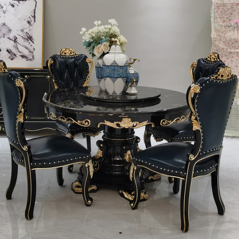 欧式圆餐桌椅组合家用餐桌转盘小户型大理石餐厅桌椅简约实木黑檀