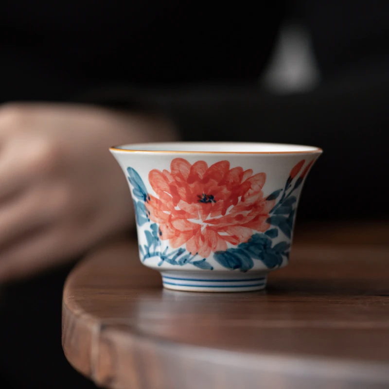 梦墨堂纯手绘牡丹马蹄杯主人杯茶碗釉下彩个人专用品茗杯功夫茶具