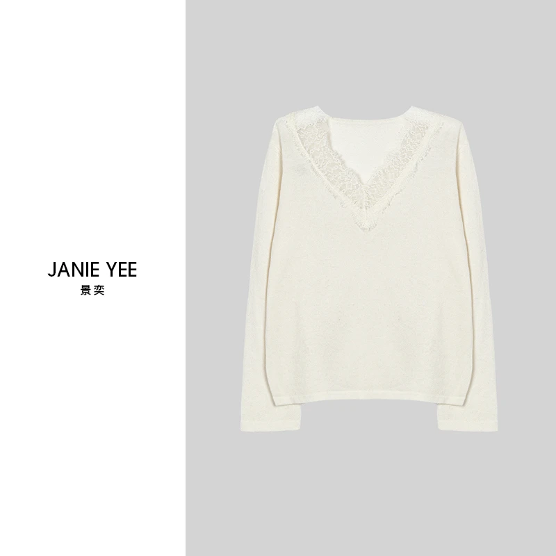 Janie Yee"蕾丝咩咩" 100绵羊毛V领短款休闲上衣毛衣女冬 24A2221